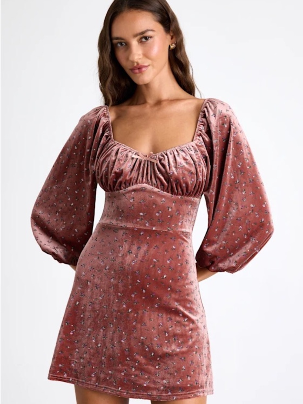 NWT Lulu’s Adored Perfection Mauve Floral Velvet Balloon Sleeve Mini Dress